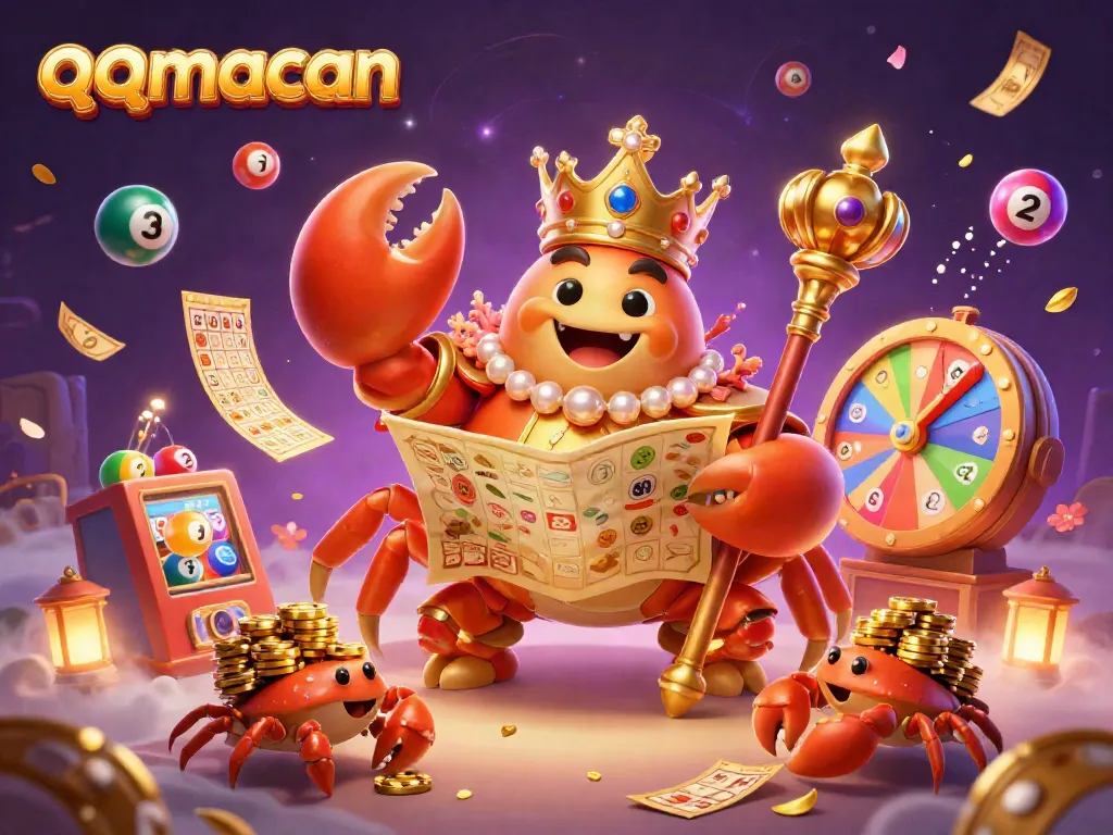 Experience the thrill of qqmacan with a majestic golden crab emperor amidst animated lottery elements and vibrant casino atmospheres.