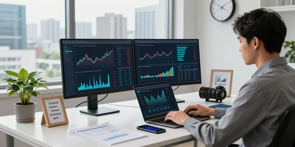Data analyst reviewing slot deposit qris trends in modern fintech workspace with city skyline view.