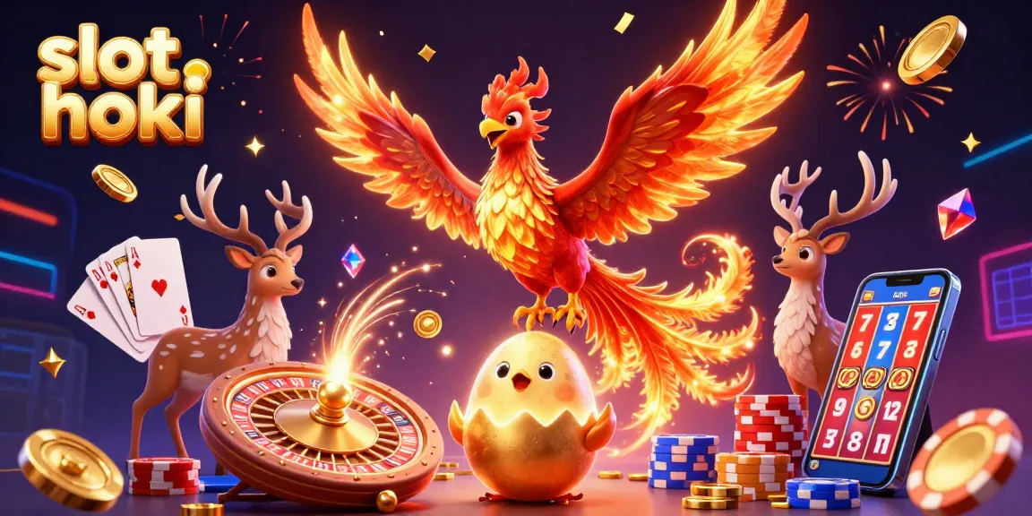 Experience slot hoki with vibrant phoenix and stag amidst dynamic casino scenes