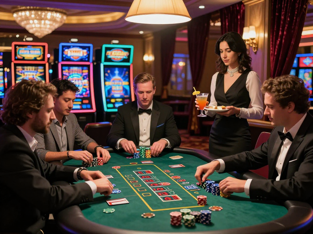Players at casinos that accept credit card engaged in thrilling blackjack, showcasing vibrant casino atmosphere and lively interactions.