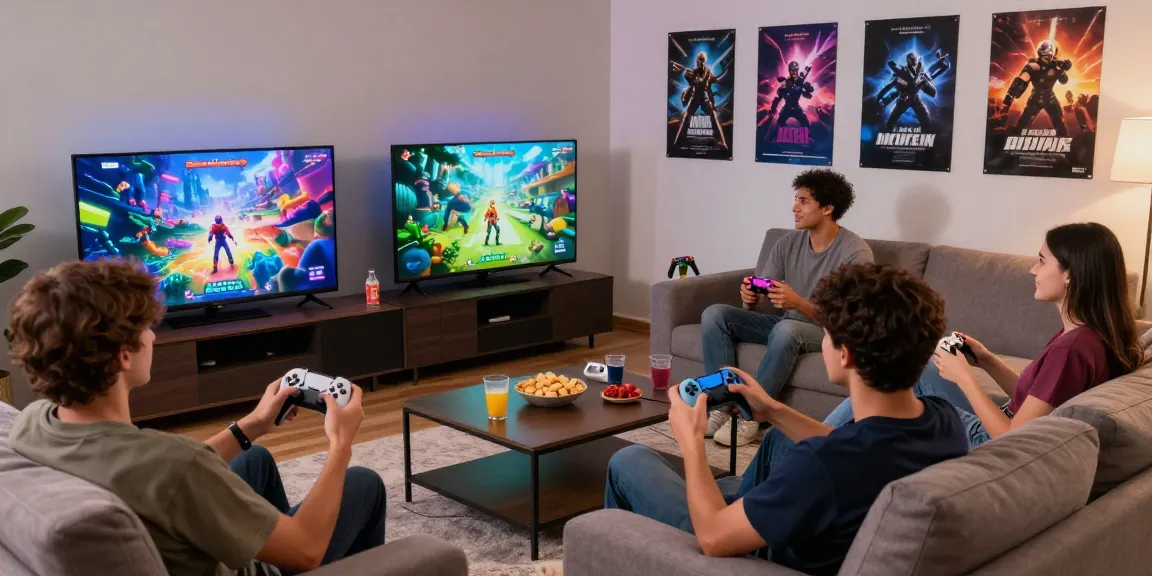 Kilat404 gaming scene with friends enjoying multiplayer games and snacks in an inviting home setting.