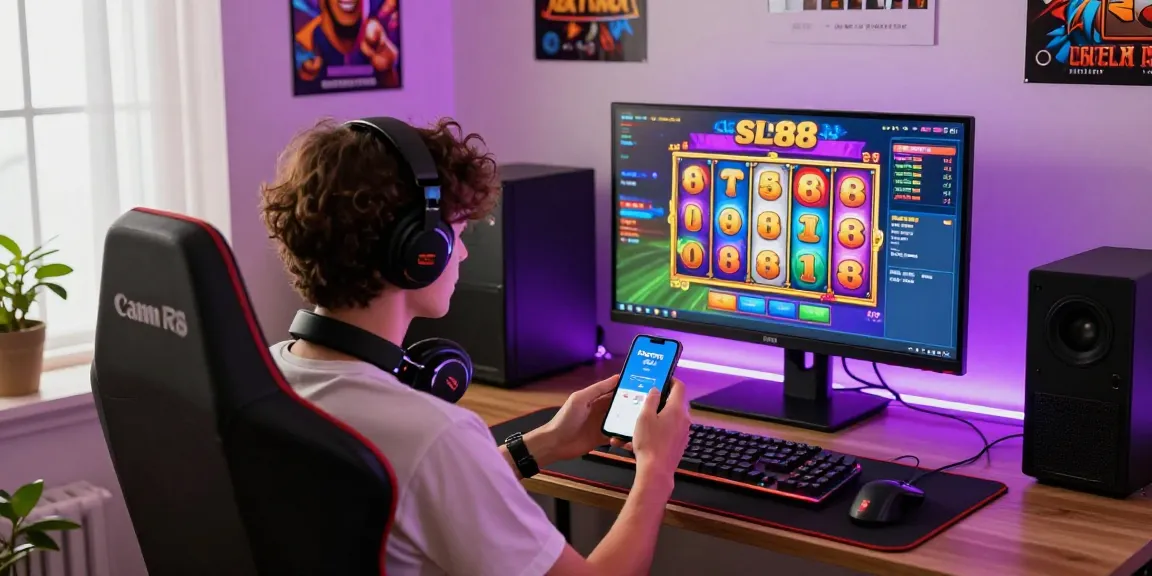 Player enjoying slot88 game on a vibrant gaming setup with modern accessories.