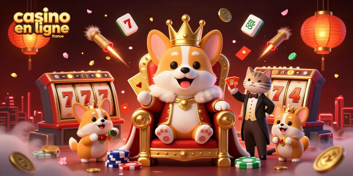 Illustration fantasy de "casino en ligne france" avec un corgi royal entouré d'éléments de jeux de casino dynamiques.