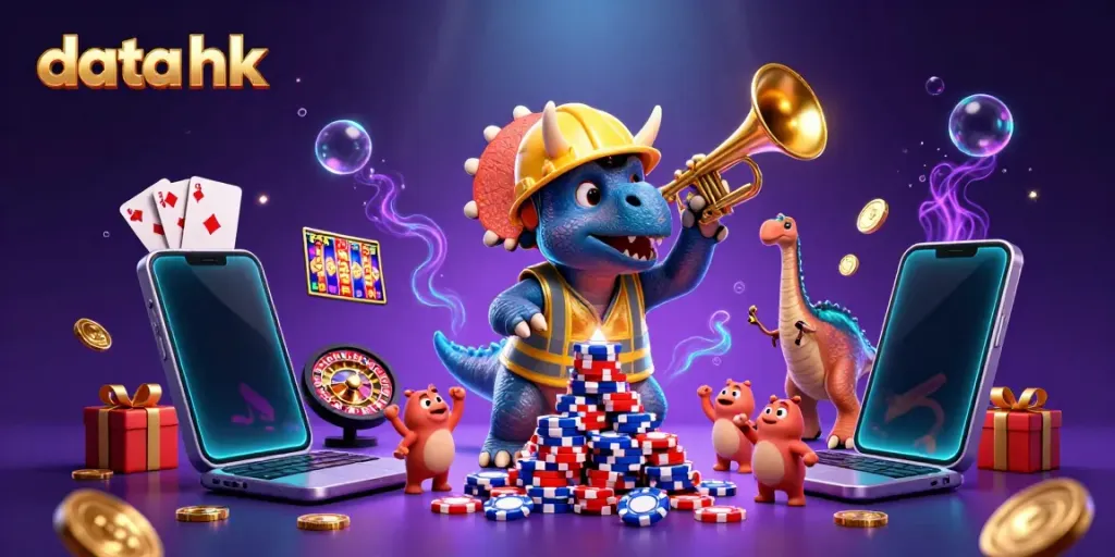 Menggambarkan data hk dengan triceratops dan parasaurolophus merayakan keberhasilan dalam permainan kasino.