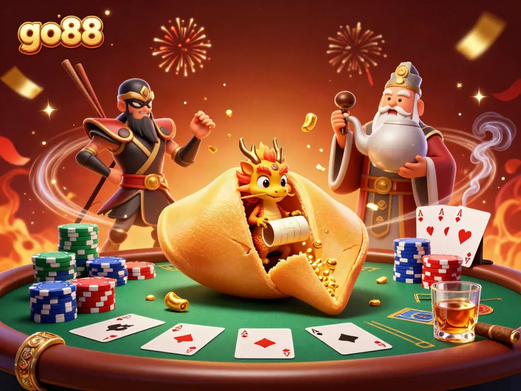 Experience exciting games at go88 with a vibrant 3D cartoon scene filled with characters and casino elements.