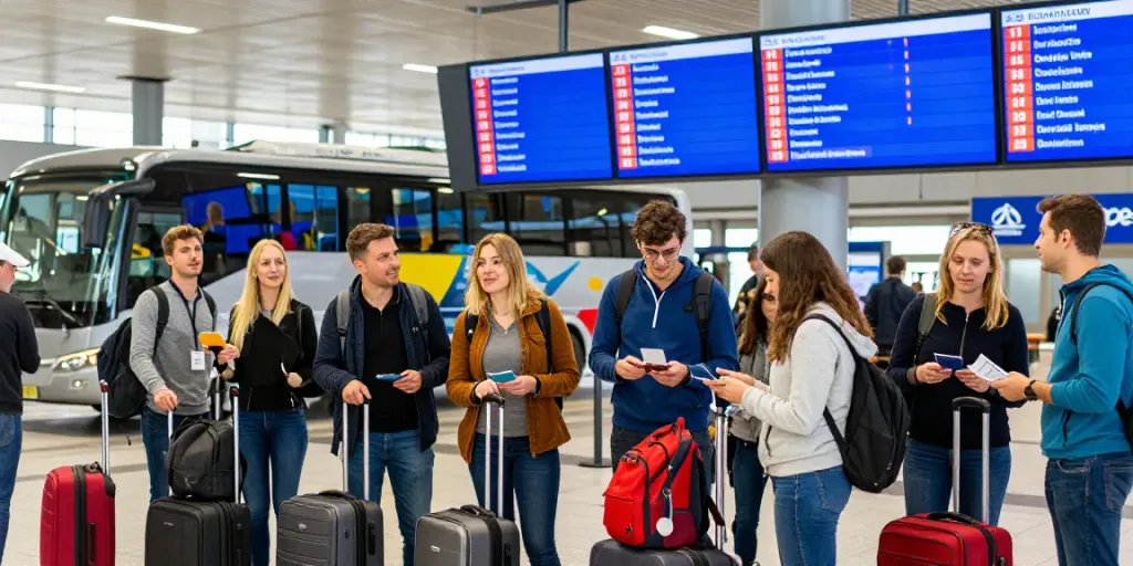 Descoperă bilete autocar Moldova Europa la un terminal internațional, călători așteptând cu bagaje colorate.