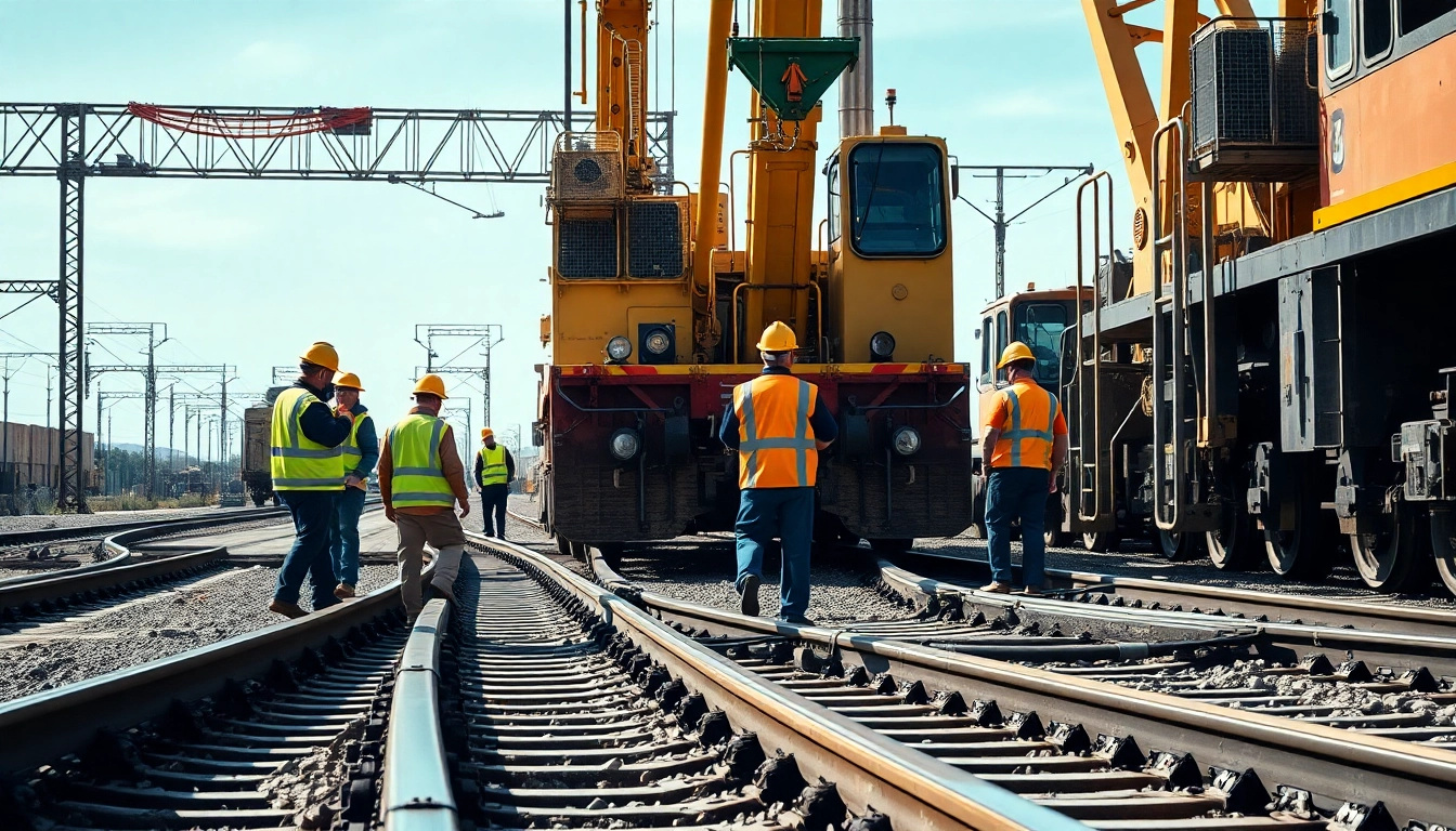 Workers performing Emergency RailroadRepair at a derailment site with heavy machinery and safety gear.