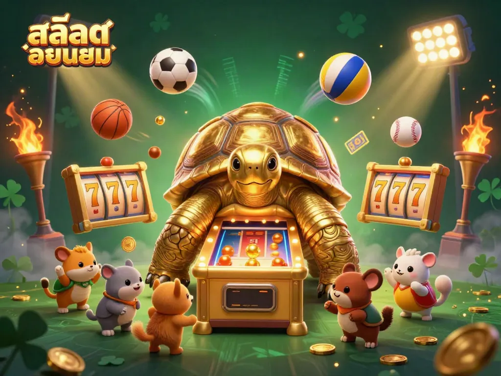Experience the excitement of สล็อตยอดนิยม with a fun and dynamic gaming illustration featuring a golden tortoise pinball machine.