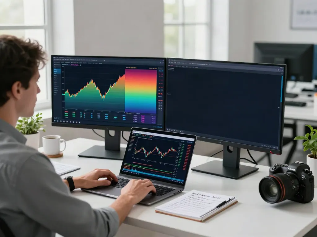 Trader using MetaTrader 5 software to analyze financial charts in a modern workspace.