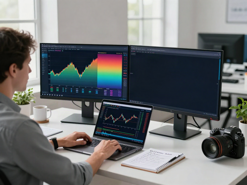 Trader using MetaTrader 5 software to analyze financial charts in a modern workspace.
