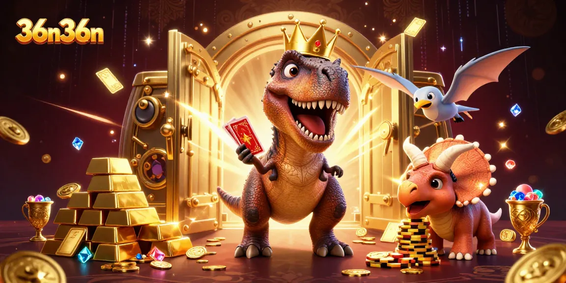 Aposte no 36n36n com o T-Rex tentando embaralhar cartas em uma cena divertida de cassino.