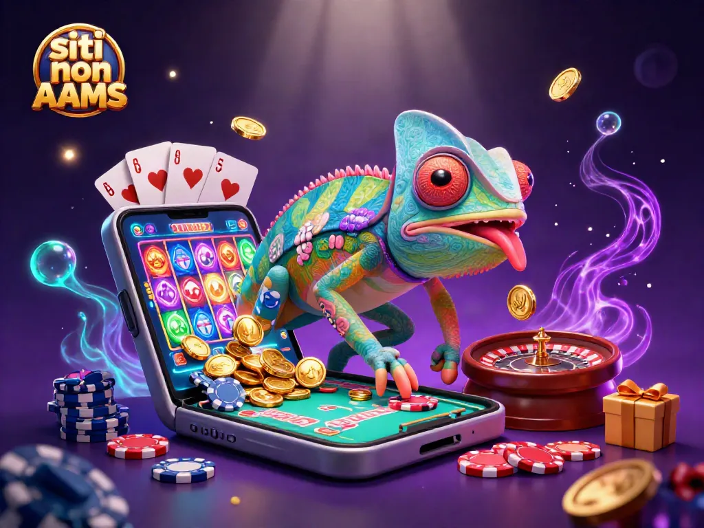Vinci con i migliori siti non AAMS in un vivace scenario di casino con camaleonti e giochi d'azzardo.