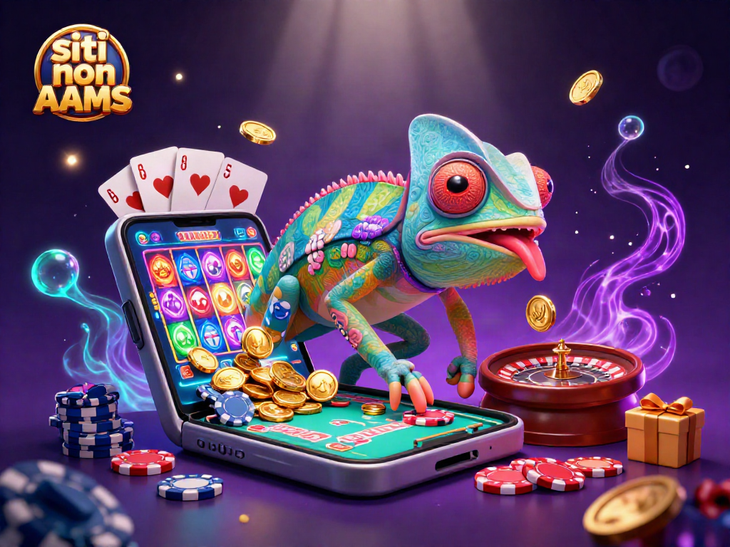 Vinci con i migliori siti non AAMS in un vivace scenario di casino con camaleonti e giochi d'azzardo.
