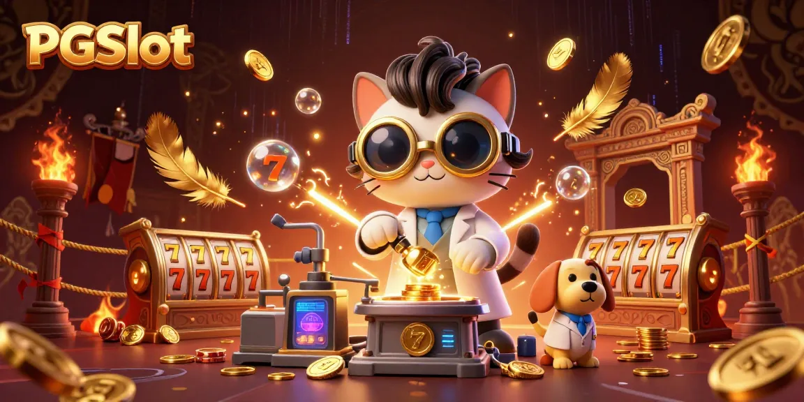 Experience thrilling PGSlot gameplay with a cartoon scientist cat and assistant in an electrifying casino lab.