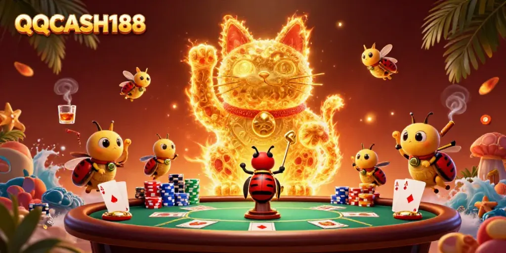 Engage with QQCASH188's unique gaming experience, highlighted by a dynamic, vibrant casino scene.