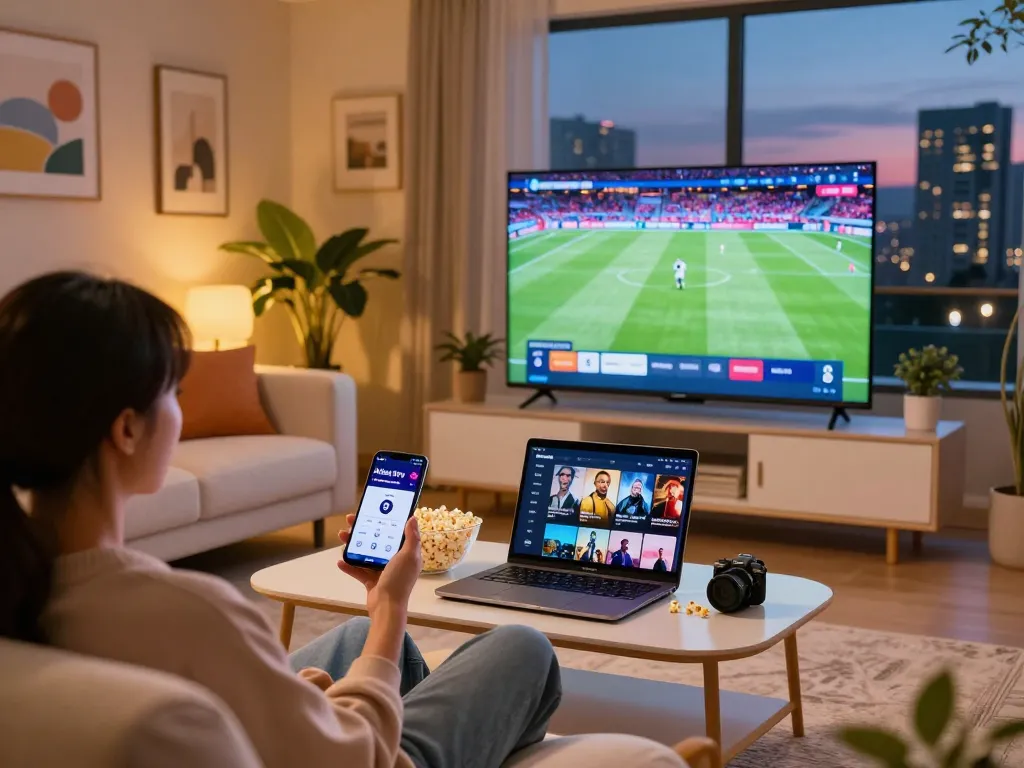 Individu profitant d'Atlas Pro IPTV sur Smart TV dans un salon confortable.