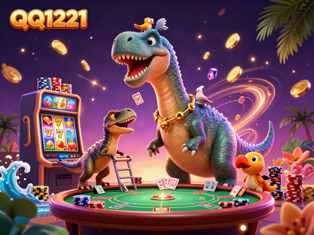 Engage in excitement with QQ1221's vibrant casino scene featuring a dinosaur and dynamic game elements.