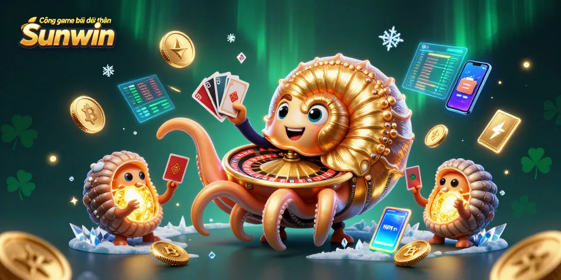 Cổng game bài đổi thưởng Sunwin showcases a vibrant 3D scene with a giant nautilus roulette wheel, embodying the excitement of online gambling.
