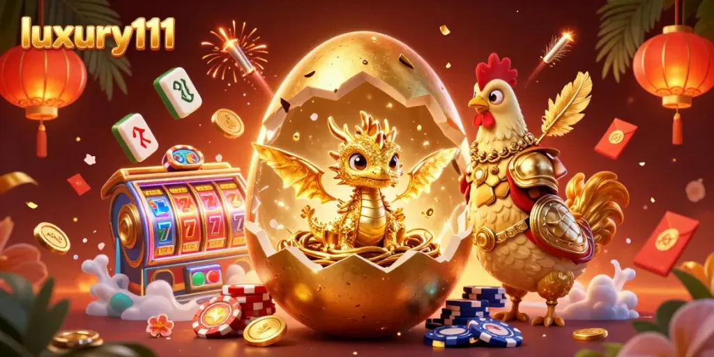 Experience winning thrills with luxury111's vibrant slot scene featuring a golden dragon amidst lively game elements.