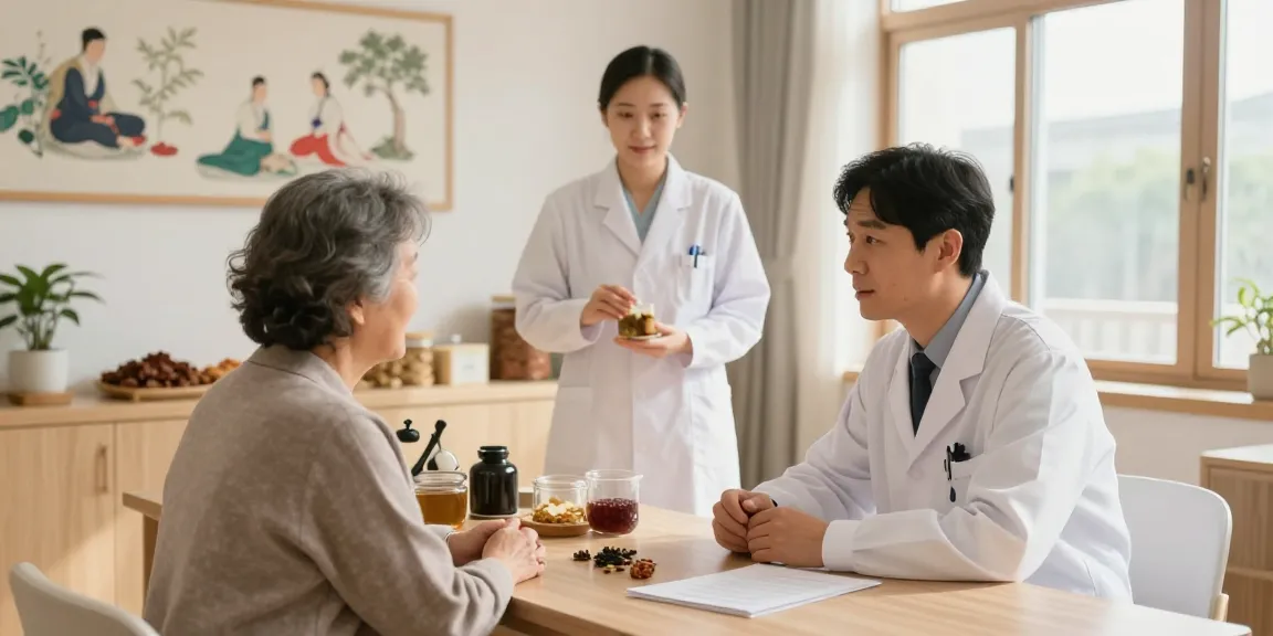 Welcoming atmosphere at 영통한의원 with healthcare professionals attending to patients and herbal remedies displayed.