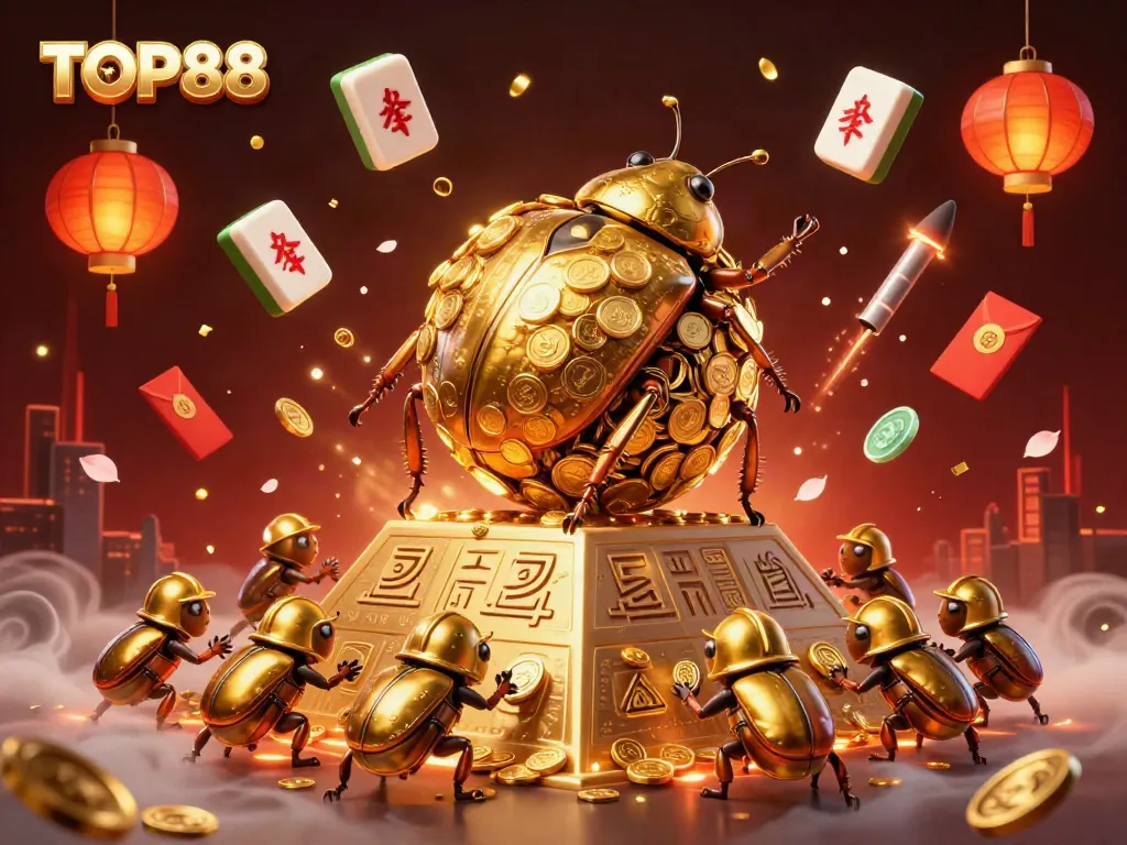 Experience excitement with TOP88 in a vibrant 3D casino scene featuring golden beetles and dynamic game elements.