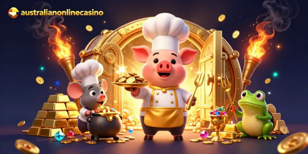 Experience vibrant action at australianonlinecasino with a 3D chef pig serving gold coins.