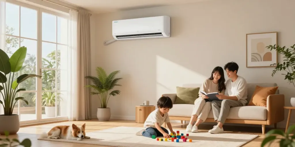 Cozy living room with family enjoying time and mini split AC providing comfort.