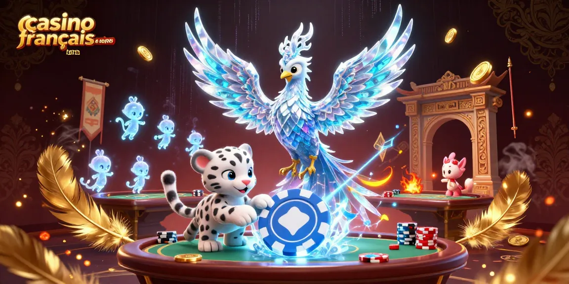Jouez au casino français en ligne avec une illustration dynamique des jeux de poker et des créatures en glace.
