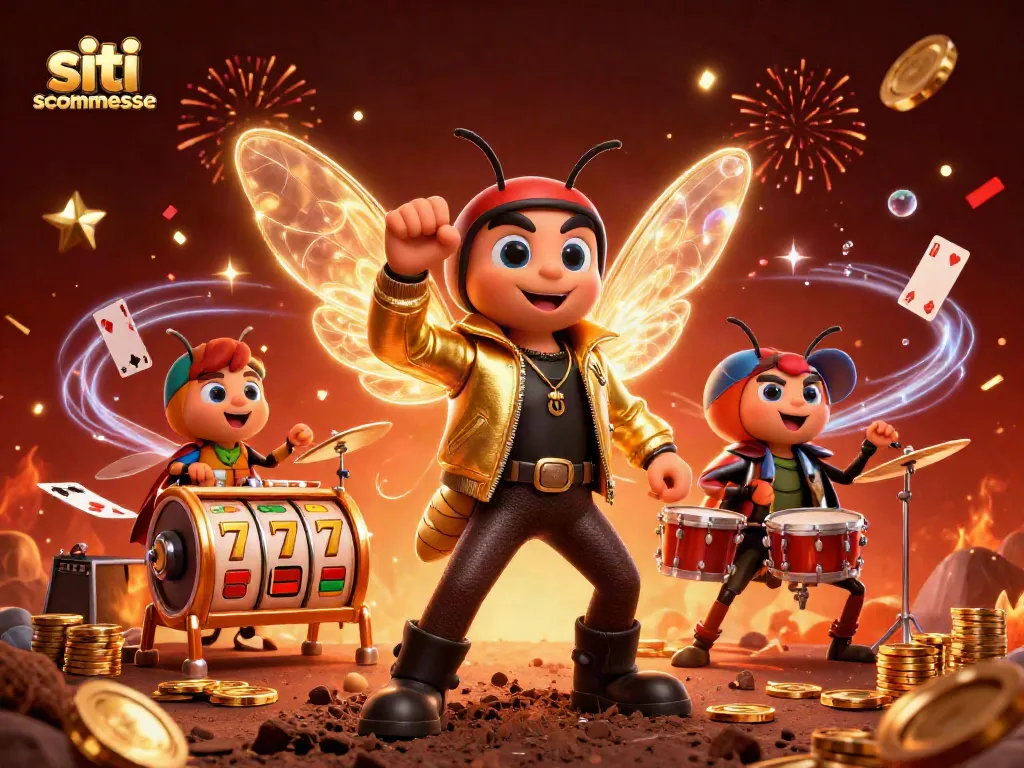 Siti scommesse: illustrazione 3D con personaggi e simboli delle slot in festa divertente.