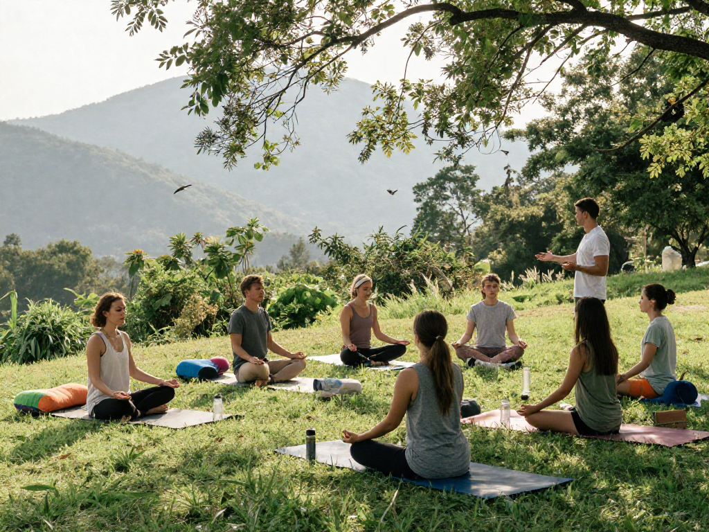 Participants practicing mantra88 meditation outdoors in a serene wellness retreat setting.