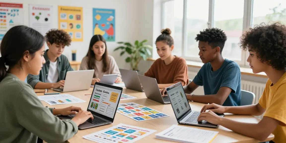 Students engaged in an interactive online English course featuring Toto language learning materials in a bright educational setting.