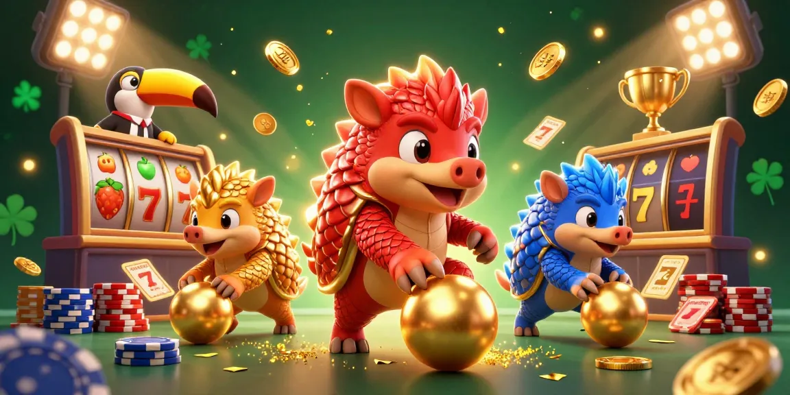 Play mahjong with dynamic 3D pangolins rolling in golden balls, showcasing rich casino elements.