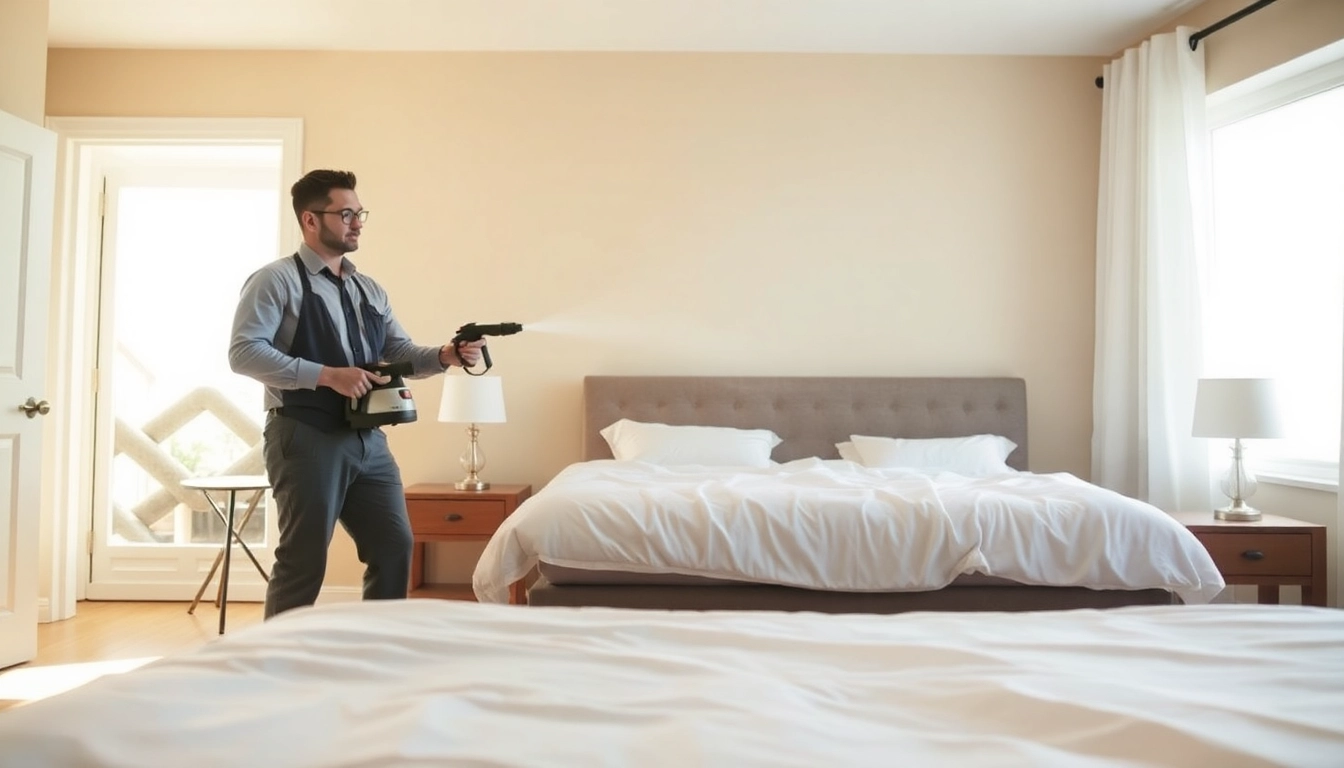 Implementing affordable bed bug control strategies in a clean bedroom setting with a pest control expert.