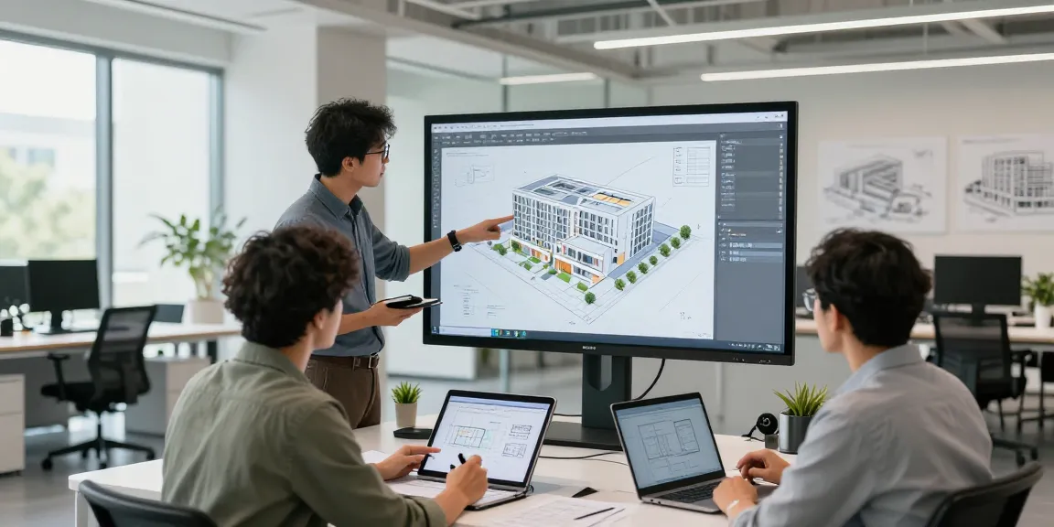 Team collaborating on architectural bim modeling services with 3D displays in modern office