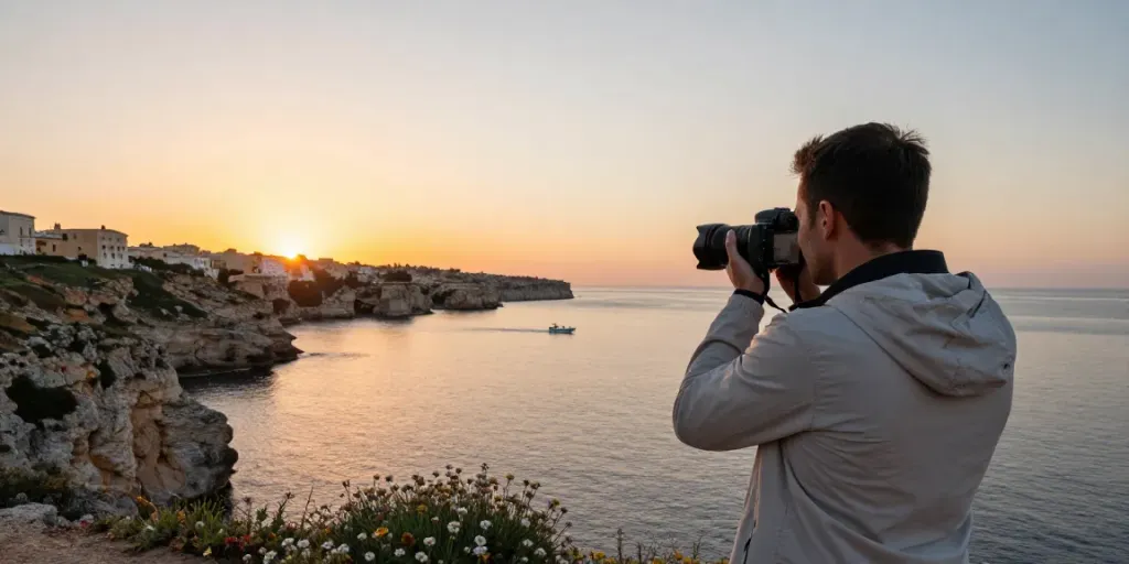Gozo tours scenic coastline sunset with traveler capturing photos.