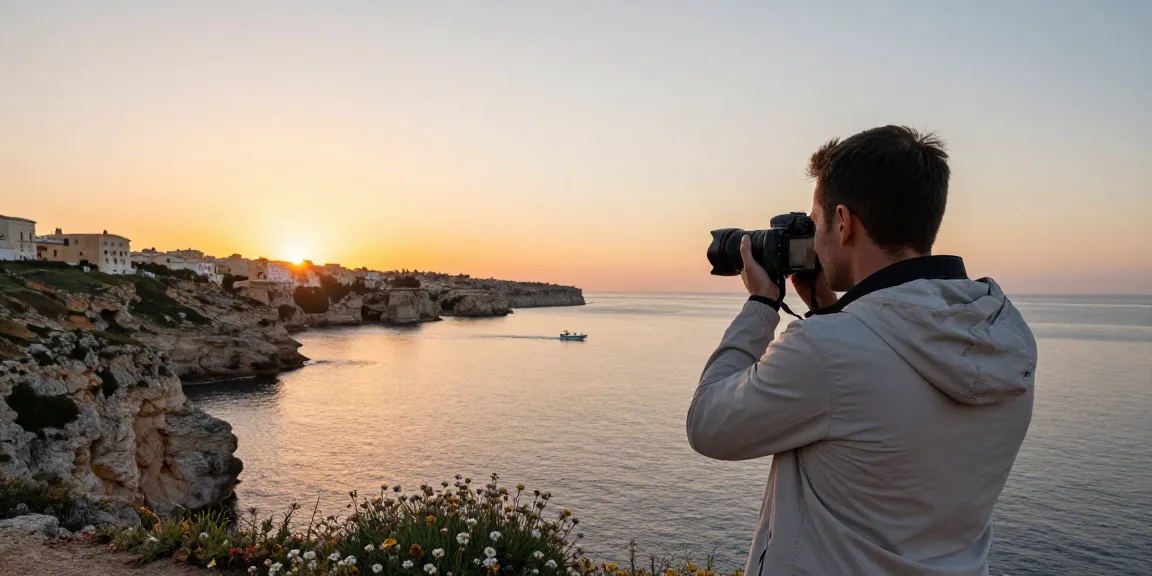 Gozo tours scenic coastline sunset with traveler capturing photos.