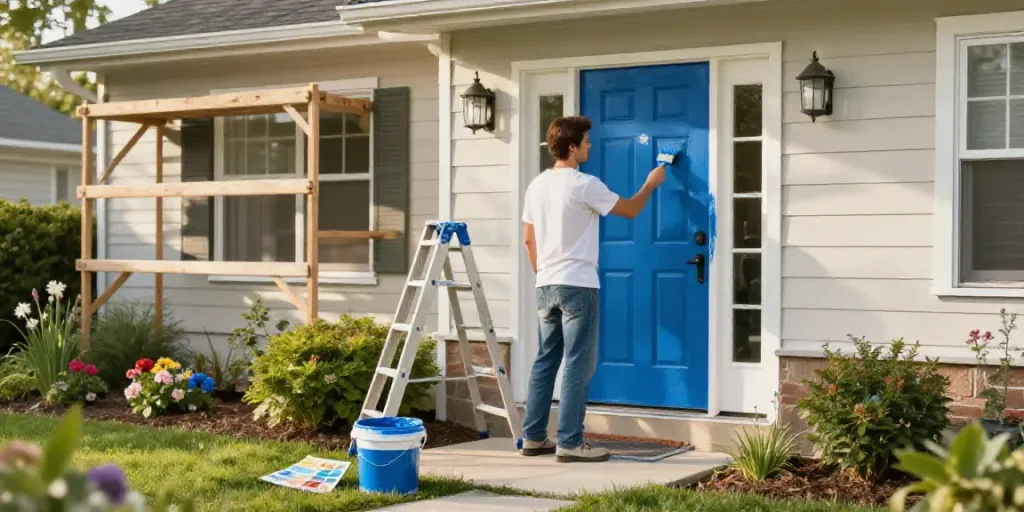 A skilled home painter in Maine revitalizing a front door with fresh blue paint in a sunny garden setting.