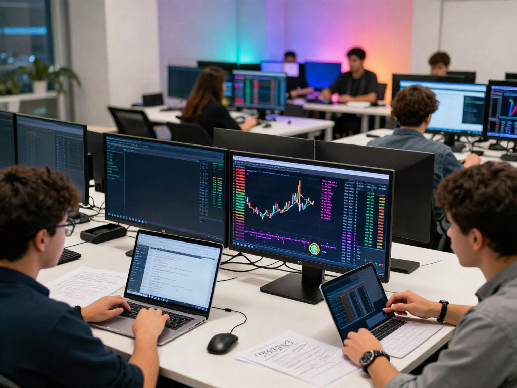 Real-time financial data API analysis in a vibrant crypto trading office with multiple monitors.