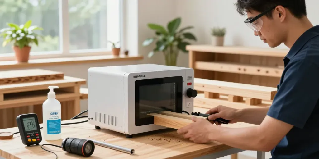 SHASHEL® microwave device in action eliminating wood-boring insects safely and effectively in a modern workshop.