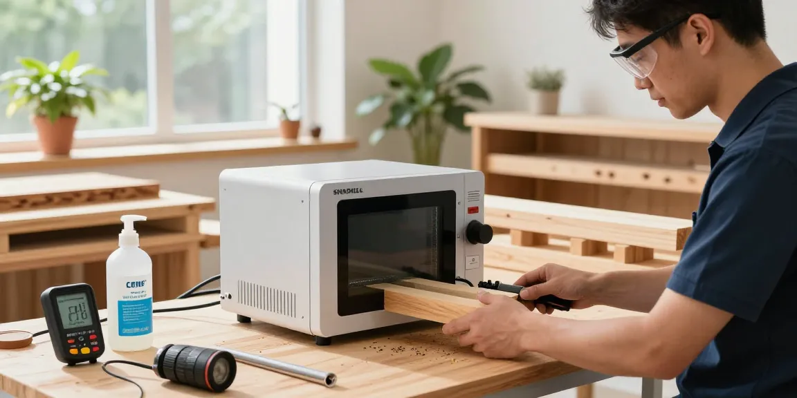 SHASHEL® microwave device in action eliminating wood-boring insects safely and effectively in a modern workshop.