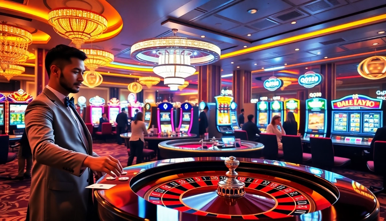Exciting casino scene with QQ88 branding, featuring roulette, slot machines, and players.