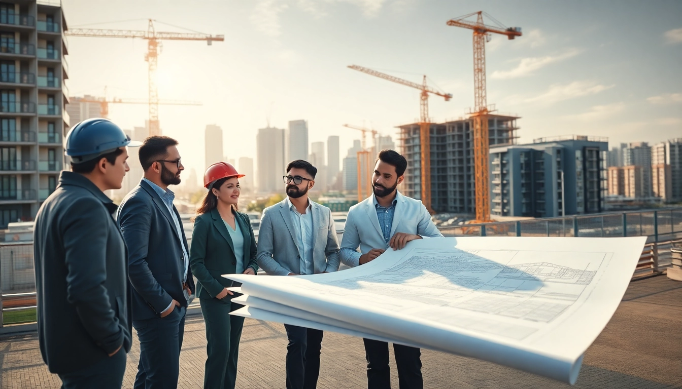 Real Estate Development team collaborating on a construction project in an urban setting.