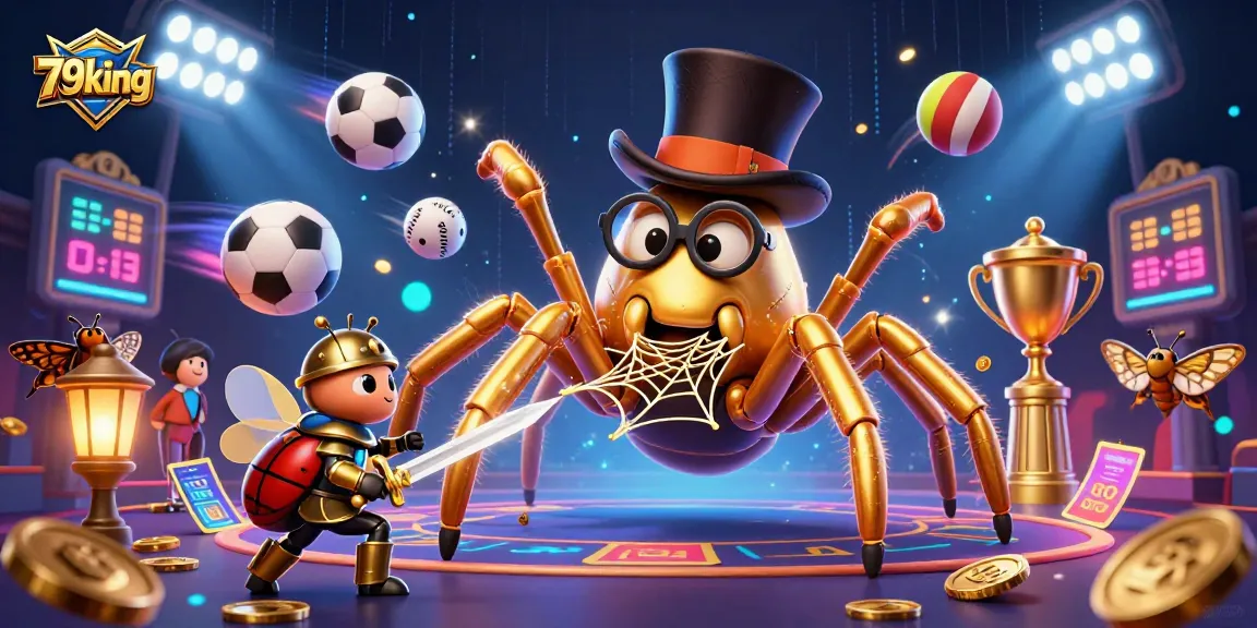 Experience thrilling action with 79king as golden tarantula weaves a web in a dynamic casino scene.