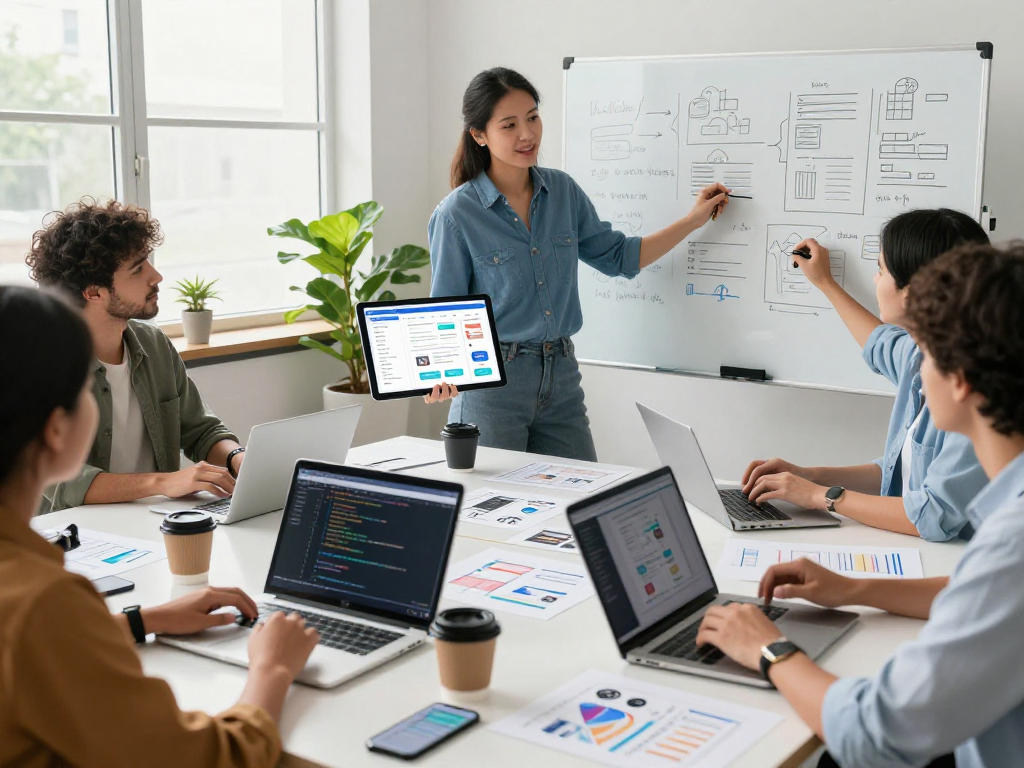 Buy android installs through an energetic app development team collaborating in a bright workspace.