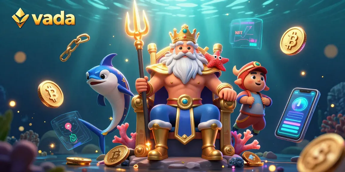Play at vada with Neptune and samurai guardian among crypto coins and vibrant gaming elements.