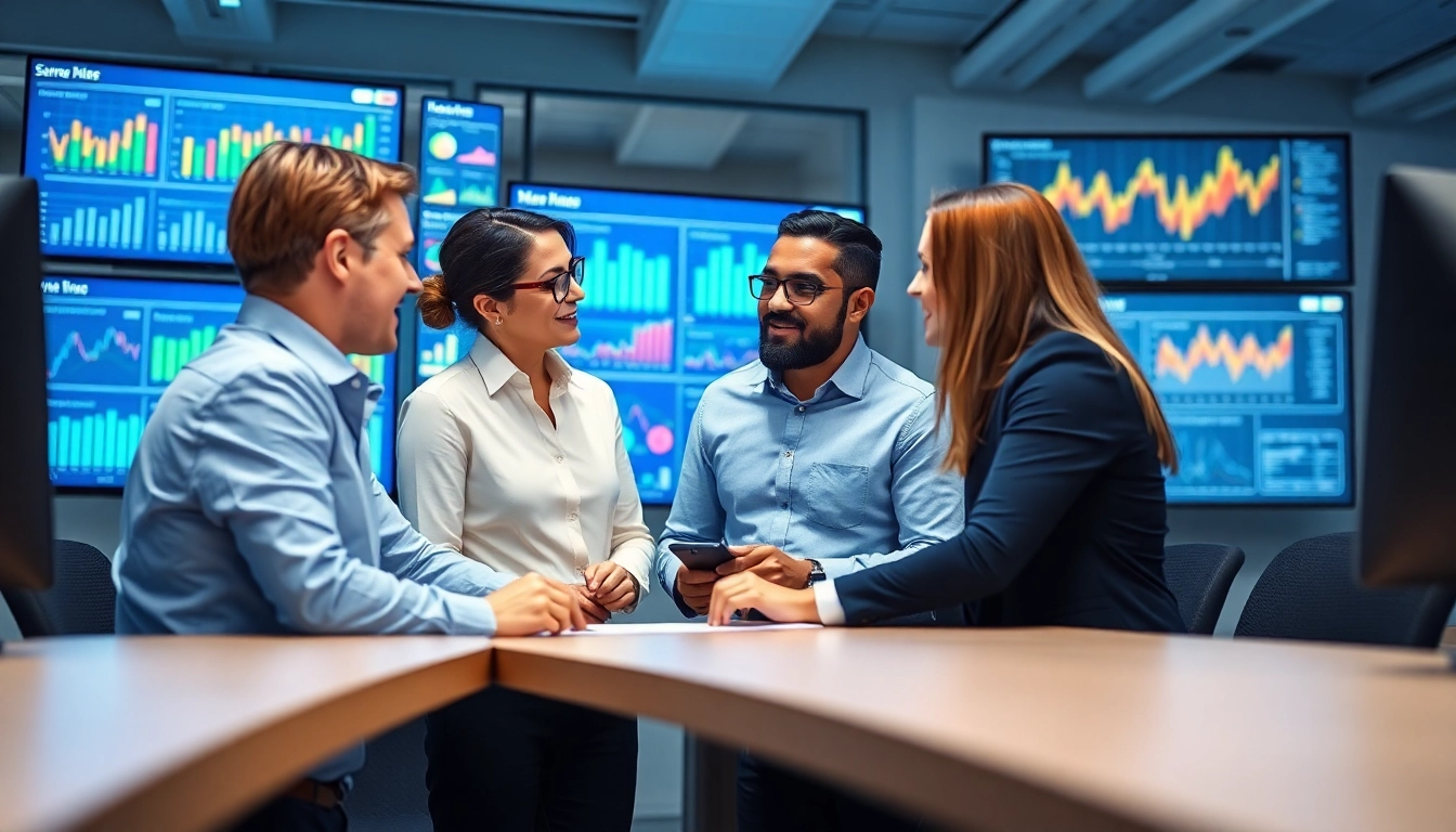 Team discussing b2b competitive intelligence strategies with digital data visualization in a modern office.