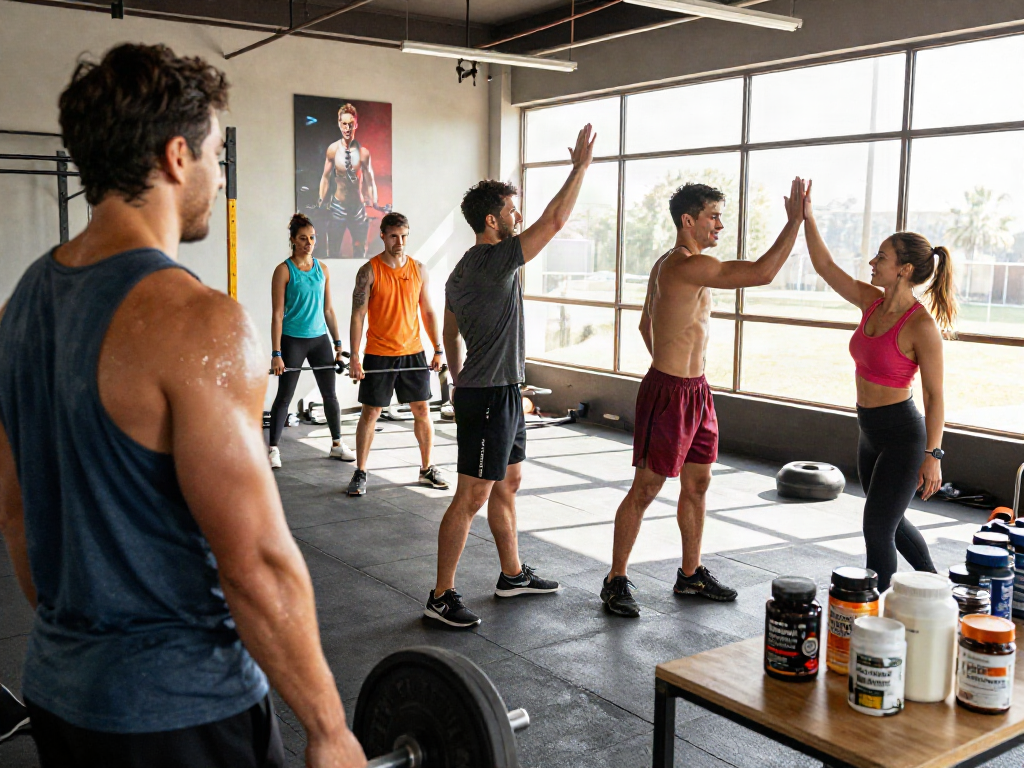 Training for muscle growth in Italy: diverse athletes engaged in dynamic workouts promoting comprare steroidi muscoli in italia.