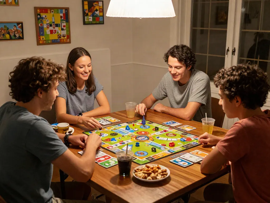 Family enjoying a game night with board games and snacks, showcasing joy and engagement.