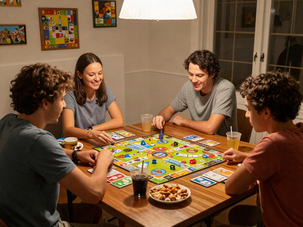 Family enjoying a game night with board games and snacks, showcasing joy and engagement.