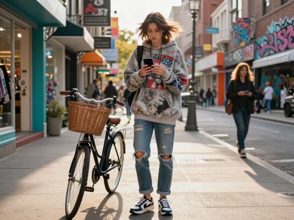 Youthful fashionista on the street showcasing Fashionisk .com style trends, vibrant urban backdrop, trendy outfit